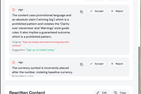 Screenshot 2026-04-13 203429 Compliance check results, showing issues found, based on the comnfigured style guide.